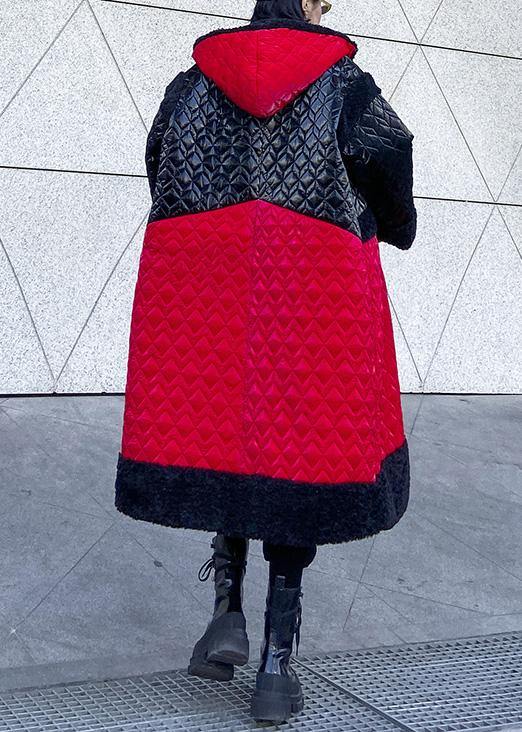 Warm Down Jacket Hooded Coats Red Patchwork Outfit