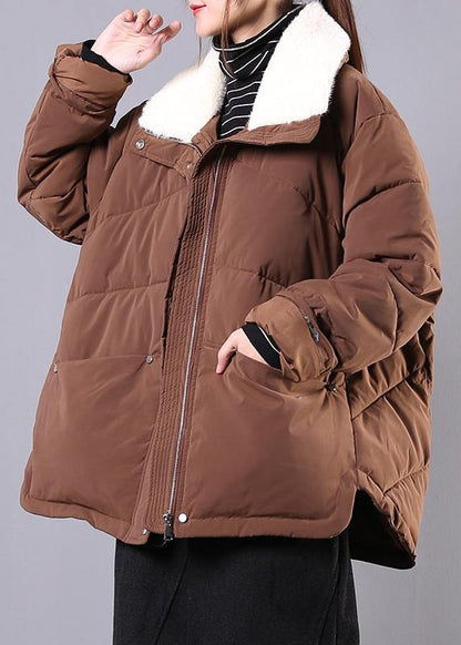 Warm Down Jacket Lapel Coats Chocolate Pockets Zippered Winter Parkas