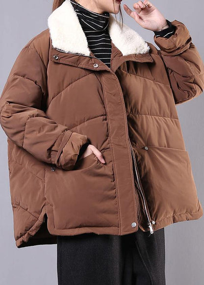 Warm Down Jacket Lapel Coats Chocolate Pockets Zippered Winter Parkas