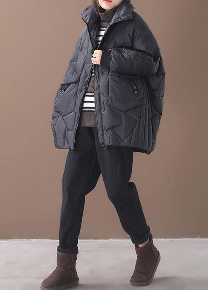 Warm Down Jacket Stand Collar Black Zippered Duck Down Coat