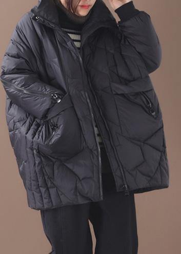 Warm Down Jacket Stand Collar Black Zippered Duck Down Coat