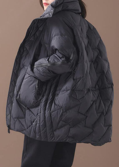 Warm Down Jacket Stand Collar Black Zippered Duck Down Coat