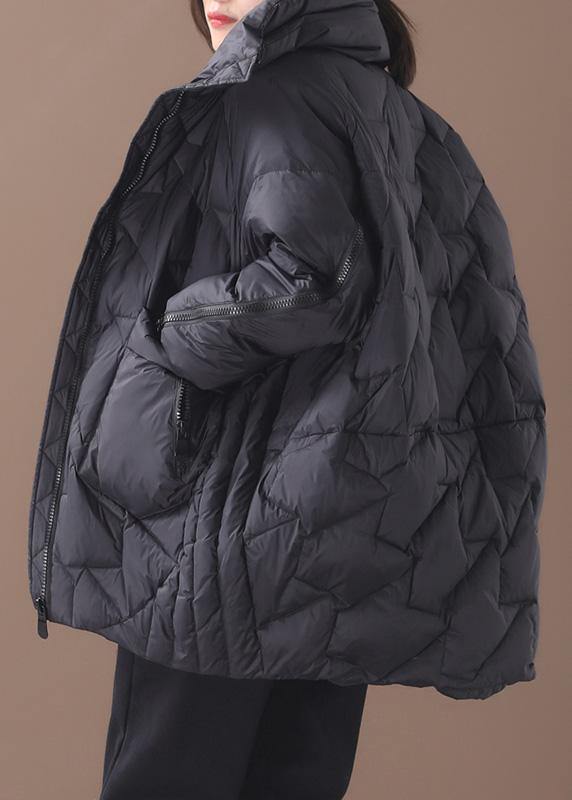 Warm Down Jacket Stand Collar Black Zippered Duck Down Coat