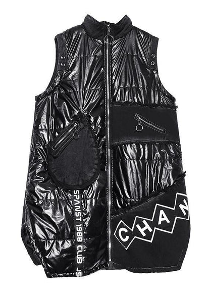 Warm Warm Winter Outwear Black Stand Collar Sleeveless Patchwork Parkas