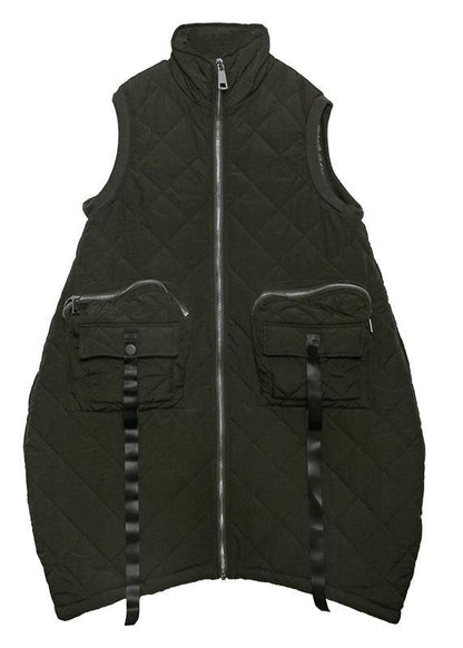 Warm Winter Outwear Green Stand Collar Pockets Sleeveless Parkas