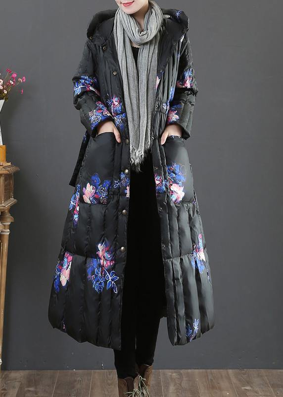 Warm Parka Coats Black Print Hooded Pockets Goose Down Coat
