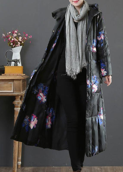 Warm Parka Coats Black Print Hooded Pockets Goose Down Coat