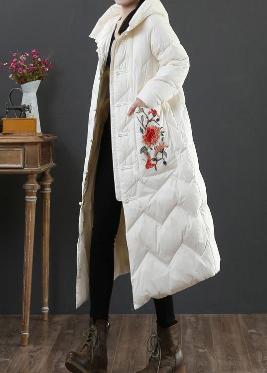 Warm Parka Winter Outwear Beige Embroidery Hooded Duck Down Coat