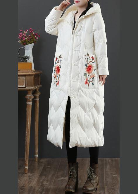 Warm Parka Winter Outwear Beige Embroidery Hooded Duck Down Coat