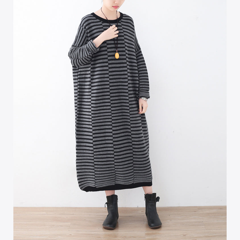 Warm Striped Knit Dresses Patchwork Sweater Gray Pullover Sweater
