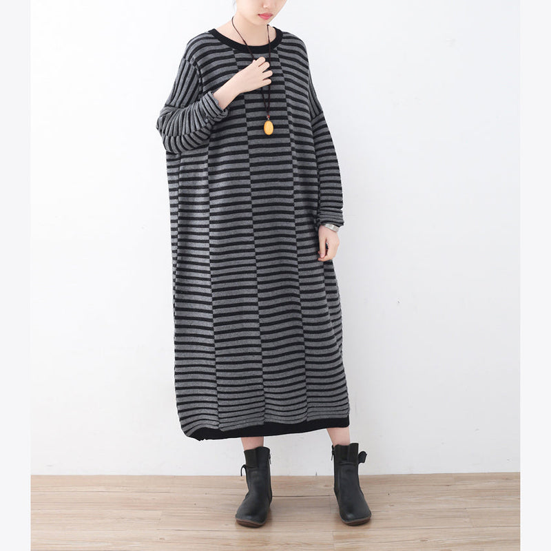 Warm Striped Knit Dresses Patchwork Sweater Gray Pullover Sweater