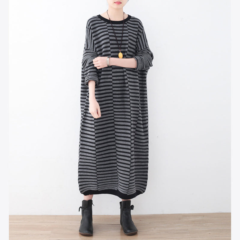 Warm Striped Knit Dresses Patchwork Sweater Gray Pullover Sweater