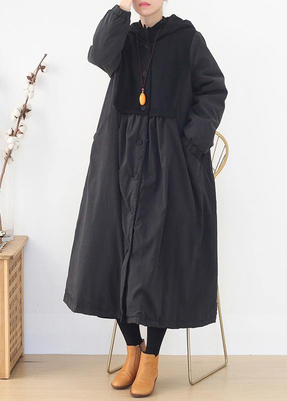 Warm Puffers Jackets Black Hooded Patchwork Parkas for Coats