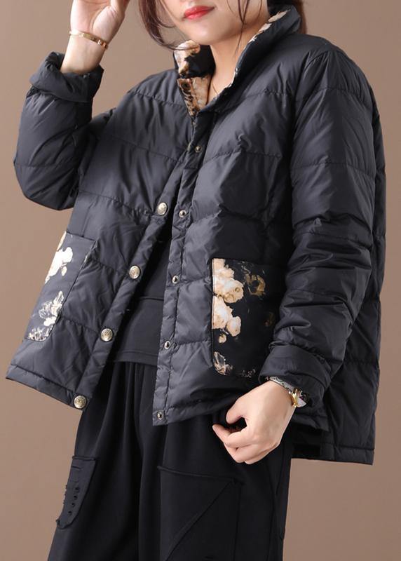 Warm Parka Coats Black Patchwork Print Stand Collar Pockets Warm Winter Coat