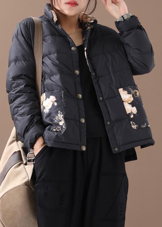 Warm Parka Coats Black Patchwork Print Stand Collar Pockets Warm Winter Coat