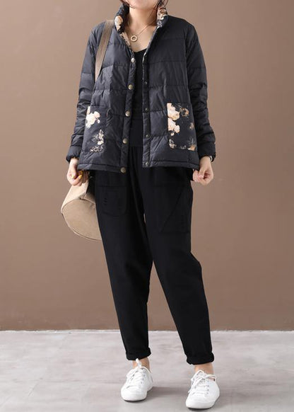 Warm Parka Coats Black Patchwork Print Stand Collar Pockets Warm Winter Coat