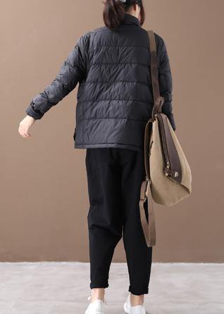 Warm Parka Coats Black Patchwork Print Stand Collar Pockets Warm Winter Coat