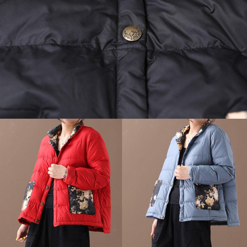 Warm Parka Coats Black Patchwork Print Stand Collar Pockets Warm Winter Coat