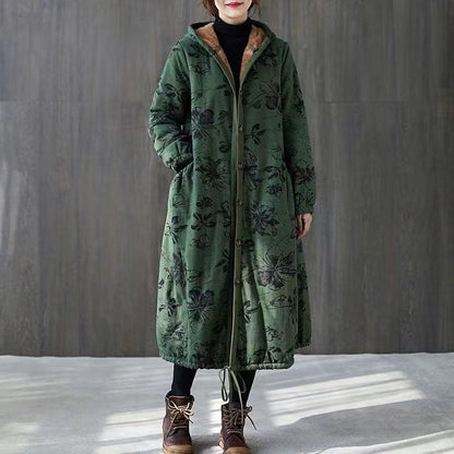 Warm Green Print Parkas for Loose Fitting Down Jacket Hooded Pockets Winter Coats