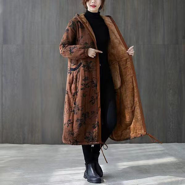 Warm Green Print Parkas for Loose Fitting Down Jacket Hooded Pockets Winter Coats