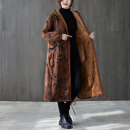 Warm Green Print Parkas for Loose Fitting Down Jacket Hooded Pockets Winter Coats