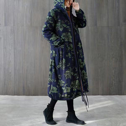 Warm Green Print Parkas for Loose Fitting Down Jacket Hooded Pockets Winter Coats