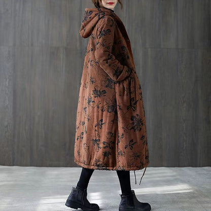 Warm Green Print Parkas for Loose Fitting Down Jacket Hooded Pockets Winter Coats