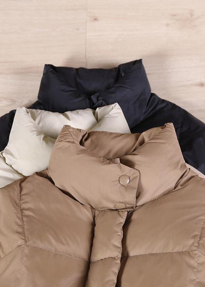 Warm Chocolate Goose Down Coat Loose Fitting Winter Jacket Stand Collar Large Pockets Warm Outwear
