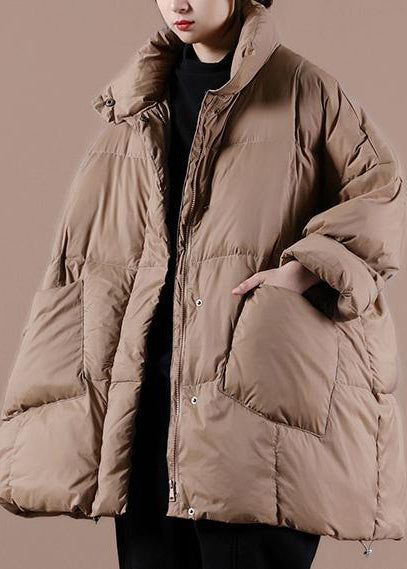 Warm Chocolate Goose Down Coat Loose Fitting Winter Jacket Stand Collar Large Pockets Warm Outwear
