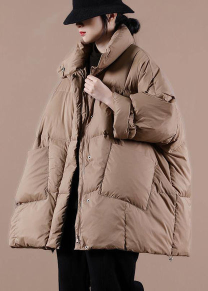 Warm Chocolate Goose Down Coat Loose Fitting Winter Jacket Stand Collar Large Pockets Warm Outwear