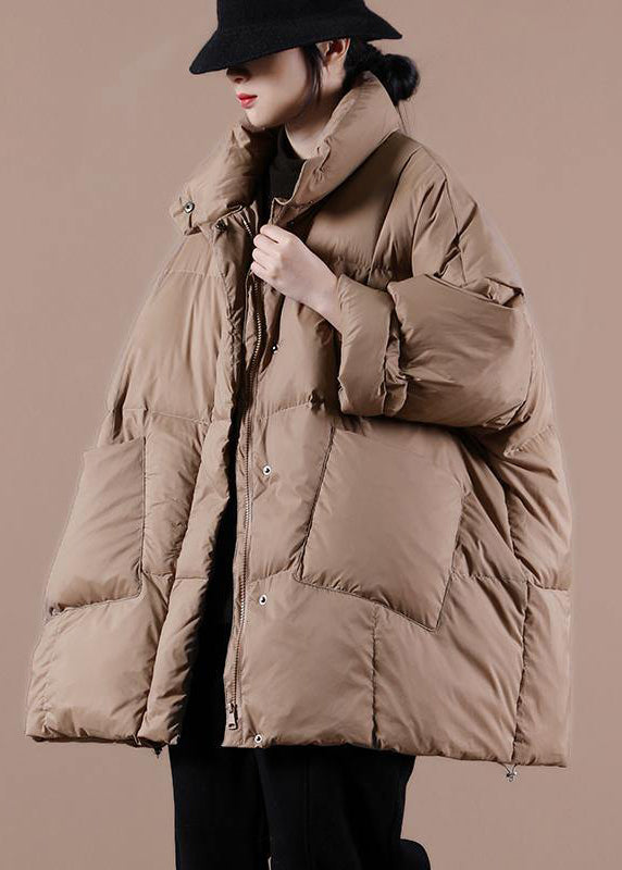 Warm Chocolate Goose Down Coat Loose Fitting Winter Jacket Stand Collar Large Pockets Warm Outwear