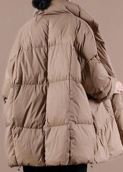 Warm Chocolate Goose Down Coat Loose Fitting Winter Jacket Stand Collar Large Pockets Warm Outwear