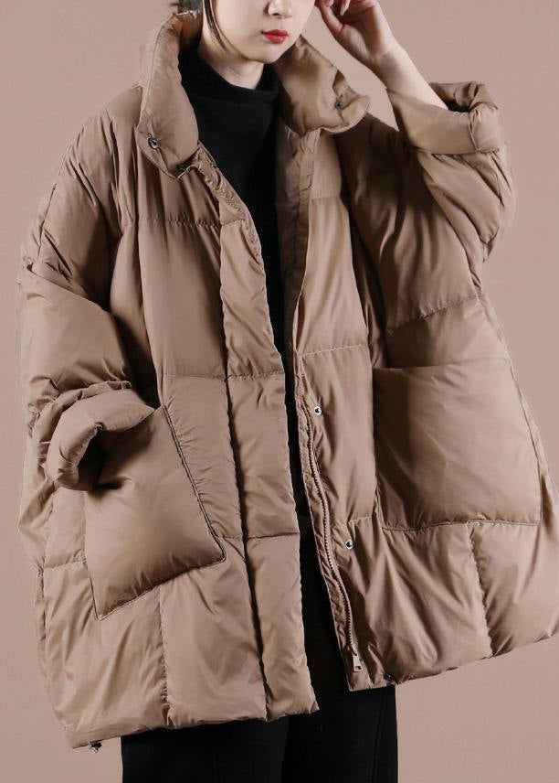 Warm Chocolate Goose Down Coat Loose Fitting Winter Jacket Stand Collar Large Pockets Warm Outwear