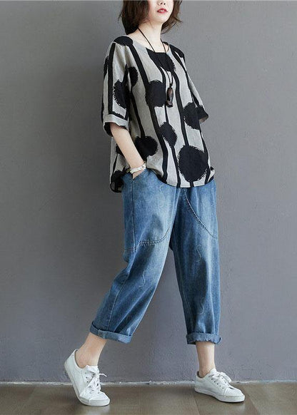 Water Ink Polka Dot Stripe Printed Cotton Linen T-shirt