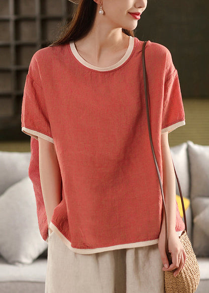 Watermelon Red Button Patchwork Linen Summer T Shirt O Neck