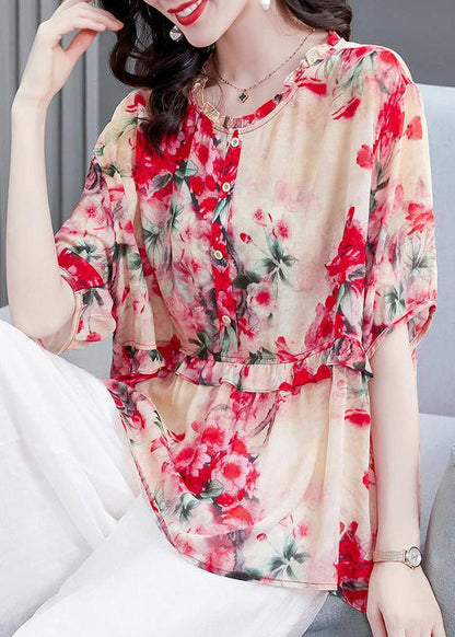 Watermelon Red O-neck Button Chiffon Shirt Short Sleeve