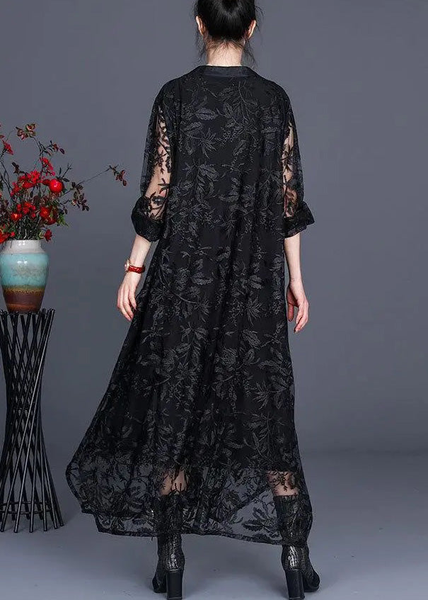 Italian Black Jacquard Long Lace Dress Spring Maxi Dress