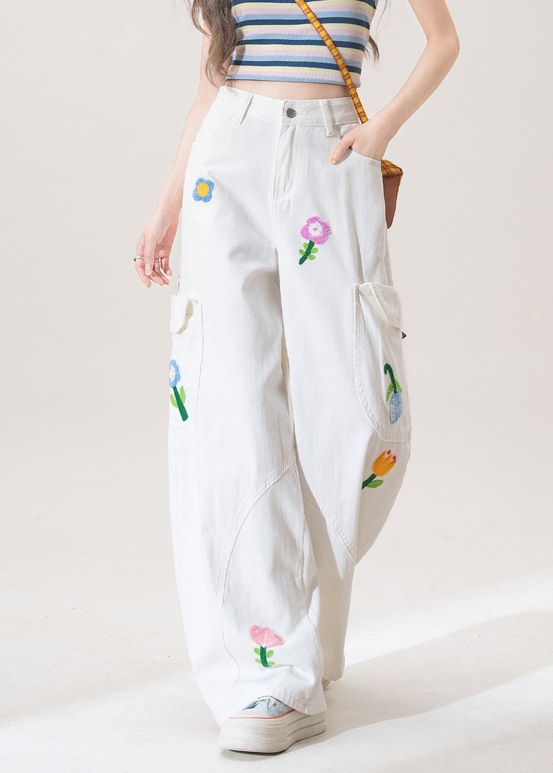 White Button Pockets High Waist Denim Pants
