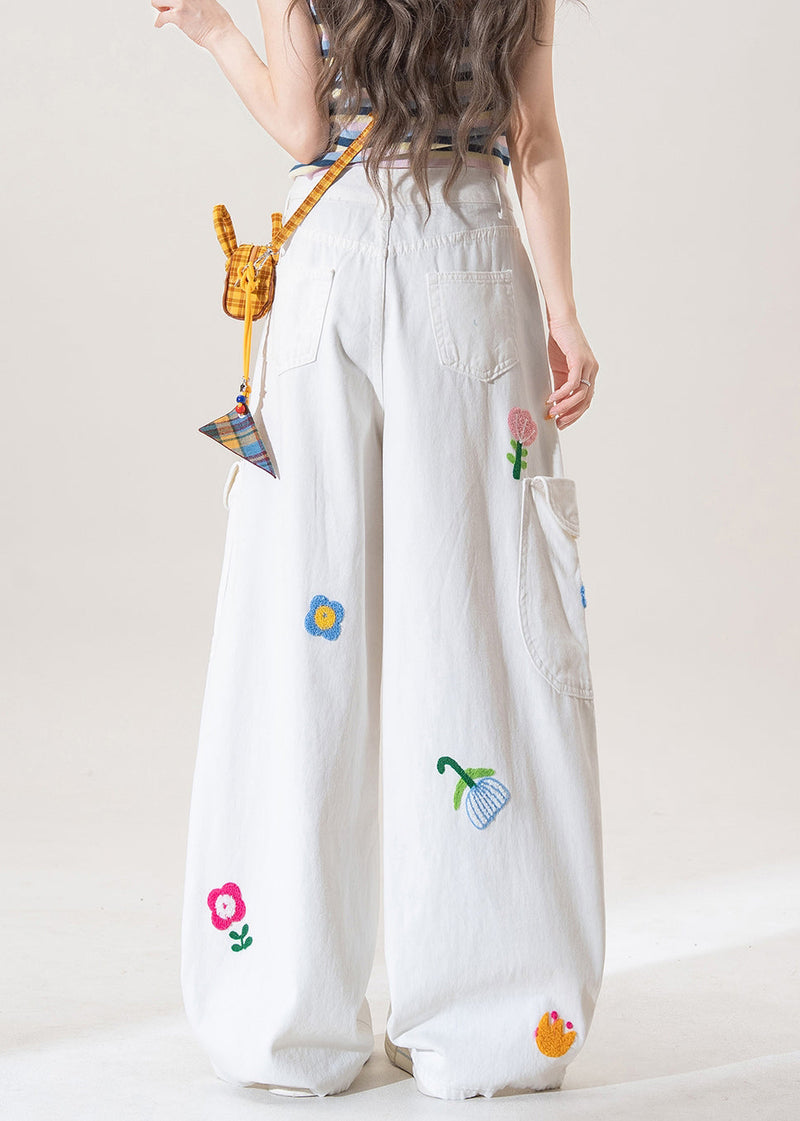 White Button Pockets High Waist Denim Pants