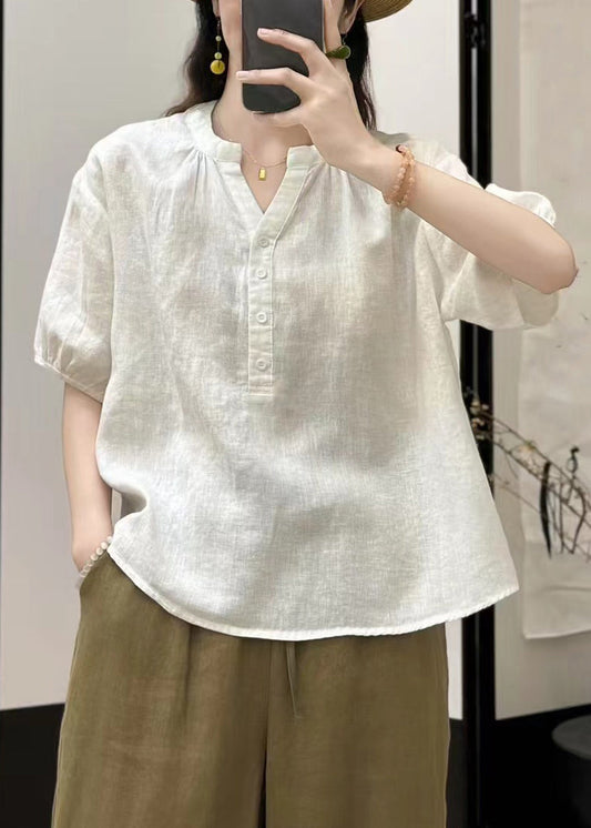 White Button Linen Summer Shirts V Neck
