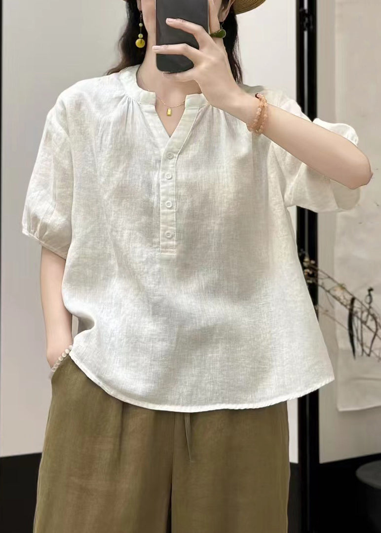 White Button Linen Summer Shirts V Neck