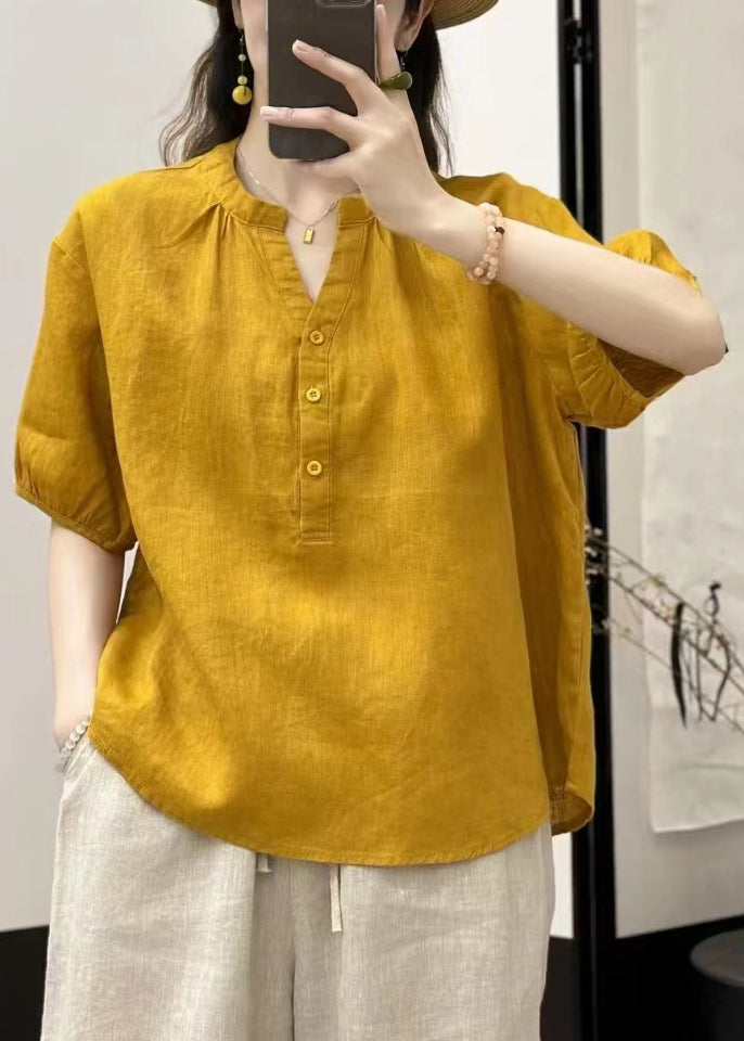 White Button Linen Summer Shirts V Neck