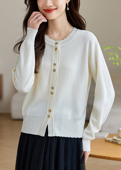 White Button Wool Knit Fall Coats O Neck