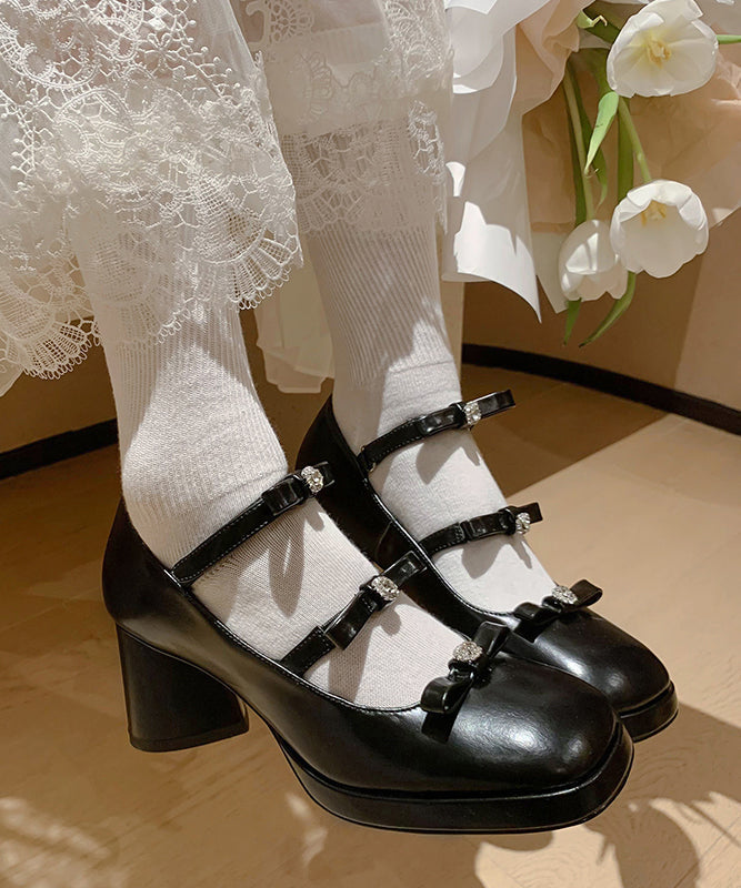 White Chunky Heels Cowhide Leather Splicing Bow