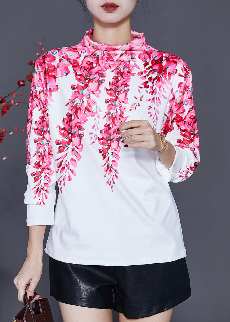 White Cotton Shirt Turtle Neck Print Spring
