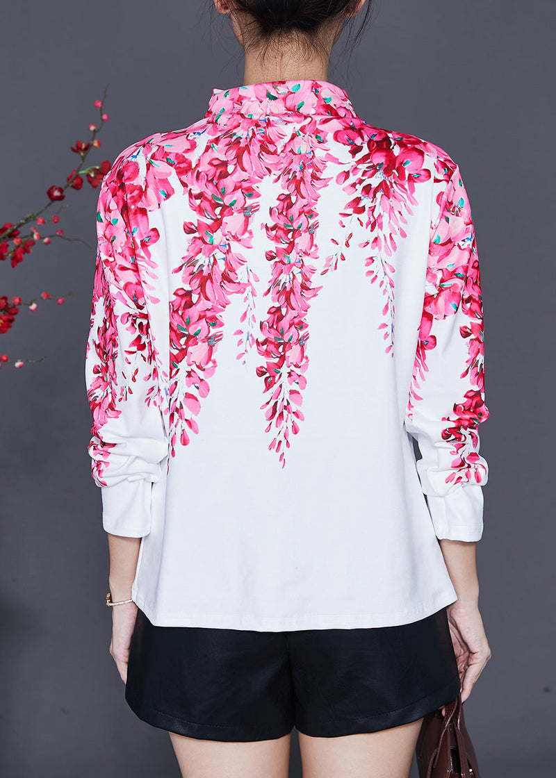 White Cotton Shirt Turtle Neck Print Spring