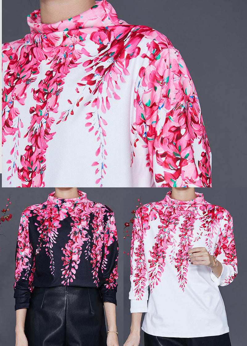 White Cotton Shirt Turtle Neck Print Spring