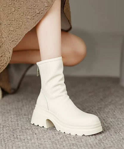 White Cowhide Leather Splicing Chunky Boots