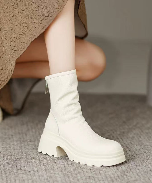 White Cowhide Leather Splicing Chunky Boots
