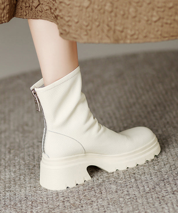 White Cowhide Leather Splicing Chunky Boots